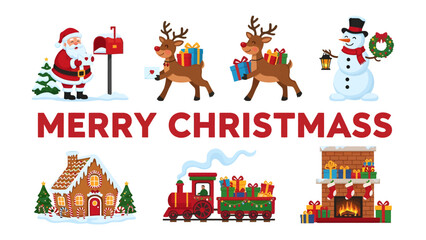 Christmas Holiday Collection: A festive compilation of iconic Christmas characters and elements, including Santa Claus, reindeer with gifts, a snowman, a gingerbread house. © Ajm