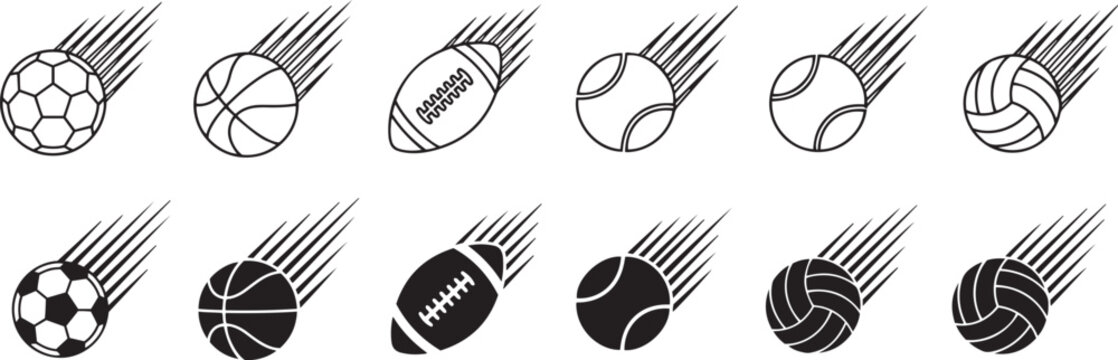 Flying sports balls icon set featuring soccer basketball football tennis volleyball and ping pong in line and solid styles.