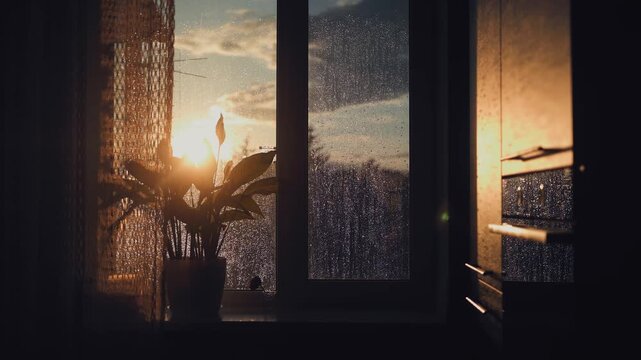 Golden sunset light shines through a rainy window with wet drops on a glass pane in a cozy dark room. Sunset, rain, window, glass, drops, cozy, light, mood, warmth, shadow, evening.