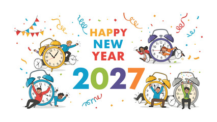 Fototapeta premium New Year Celebration 2027: Vibrant illustration depicting the excitement of New Year's Eve with people celebrating around alarm clocks, confetti, and streamers, marking the arrival of 2027.