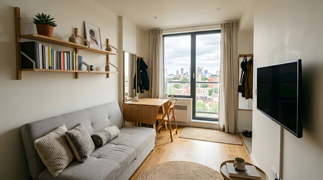 Small apartment living room with sofa bed, foldable dining table, compact shelves with few books (no titles), wall mounted tv screen off, large window, efficient use of space

