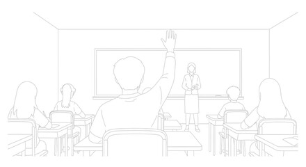 Fototapeta premium Classroom Scene with Student Raising Hand to Ask Question