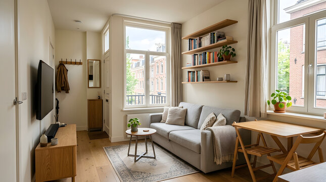  Small apartment living room with sofa bed, foldable dining table, compact shelves with few books (no titles), wall mounted tv screen off, large window, efficient use of space

