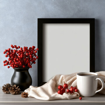 Black frame mockup with red berry vase, pine cone, white cup, and cozy blanket on wooden table, festive winter holiday mood