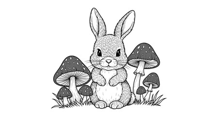 Fototapeta premium Cute Little Bunny Rabbit Sitting Among Mushrooms Line Art