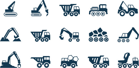 Heavy machinery and mining construction vehicles silhouette icons set isolated on a white background. © MDTOFIZUL
