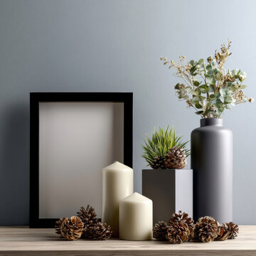 Black frame mockup with candles, pinecones, vase, and greenery on wooden table, modern minimalist holiday decor