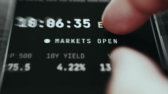 Financial market dashboard indicating an open market at a certain hour