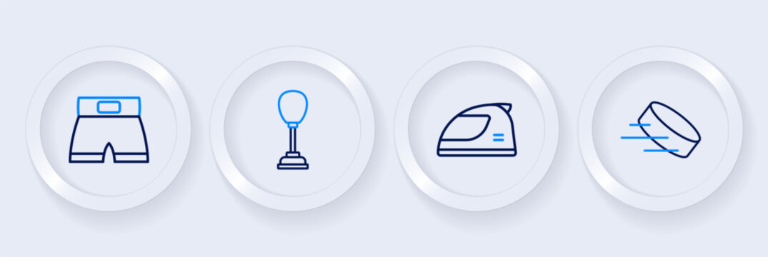 Set line Hockey puck, Racing helmet, Punching bag and Boxing short icon. Vector