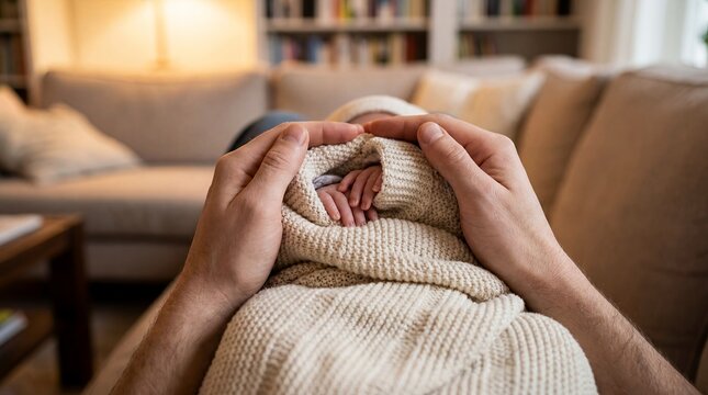 child wrapped blanket hands gentle carrying family comfort protection bedtime care scene about parenthood trust rest warmth and nurturing support for childcare campaigns for healthcare