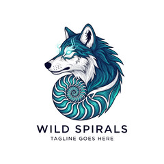 Fototapeta premium Mythical wolf head logo merged with a nautilus shell spiral on white background