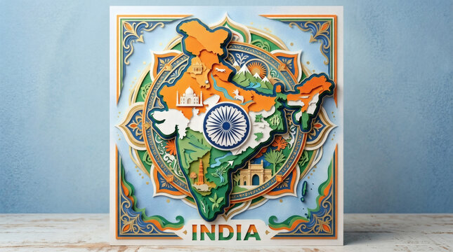 Vibrant 3d india map with landmarks and cultural patterns on display