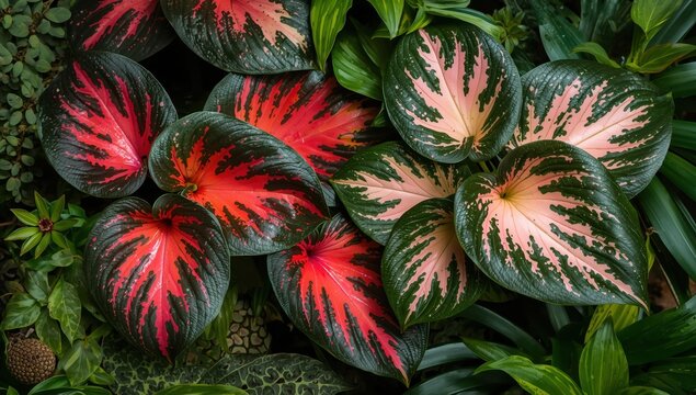 Vibrant foliage of Begonia rex Salsa and Escargot displaying bright red, green, and swirling white designs in close-up.