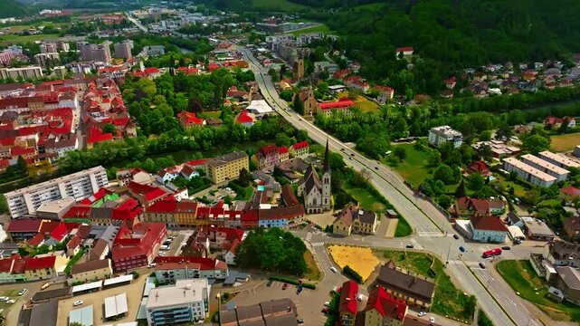 Aerial view of beautiful industrial town of Leoben in the mountains in central Austria with heavy industry and metallurgy