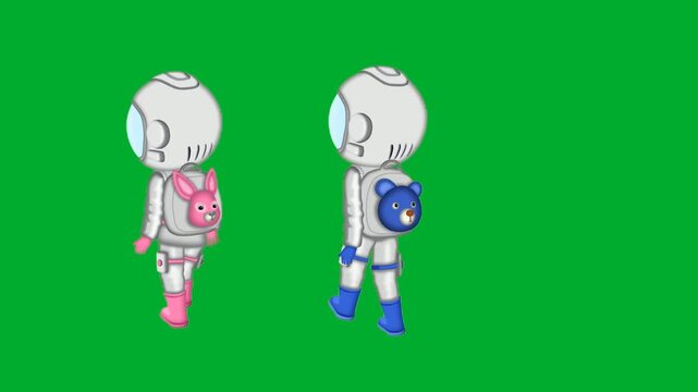 2d animation Astronauts carrying backpack plush toys walking slowly away animation on green screen. Two cosmic space suit cosmonaut cartoon characters marching from back profile view layout animation
