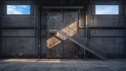 Fototapeta premium Emergency exit in spacious warehouse displays steel fire door, staircase, and handrail.