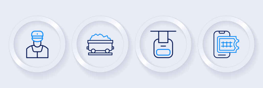 Set line Online ticket booking, Cable car, Coal train wagon and Train conductor icon. Vector