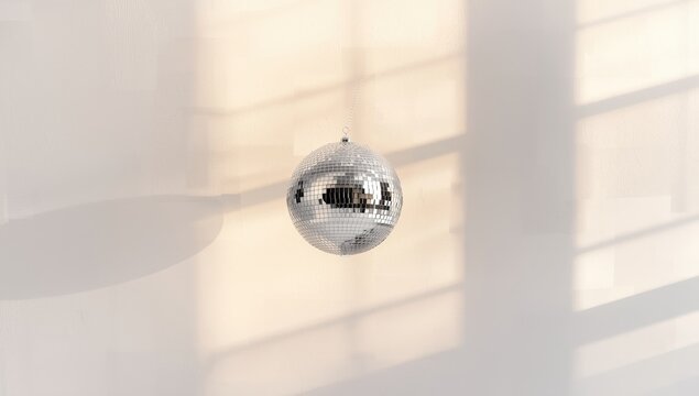 metallic disco sphere on light backdrop with window shadow