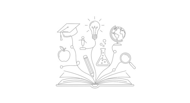 Open Book with Educational Icons Line Art Illustration