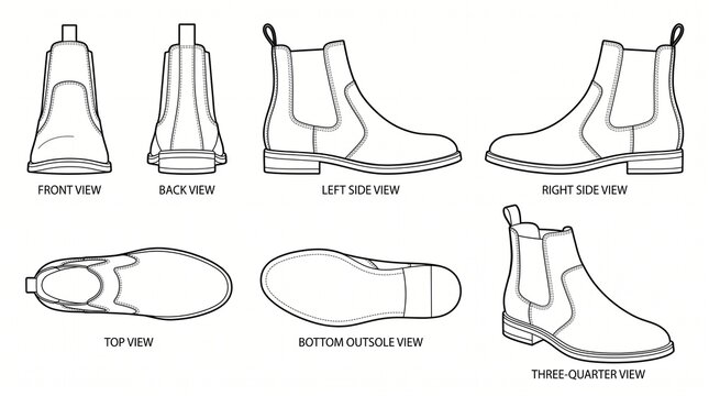Chelsea Boot Fashion Flat Sketch Technical Drawing Template with Front Back Side and Top Views Vector Illustration