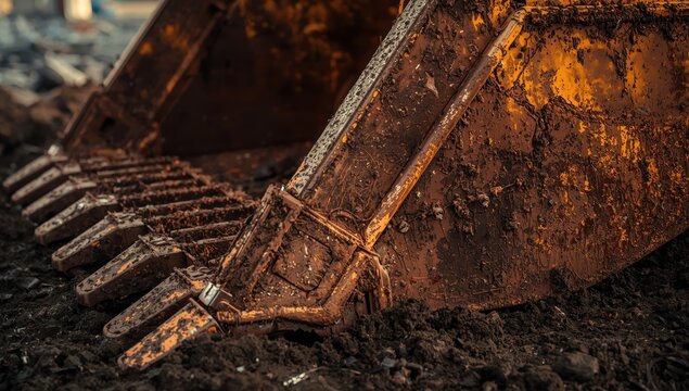 An intense, detailed photo revealing the grimy teeth of an excavator bucket, covered in rust and mud from extensive use on a construction site.
