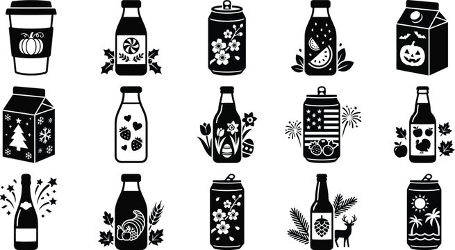 Black and white of wine bottles with various labels and patterns grapes