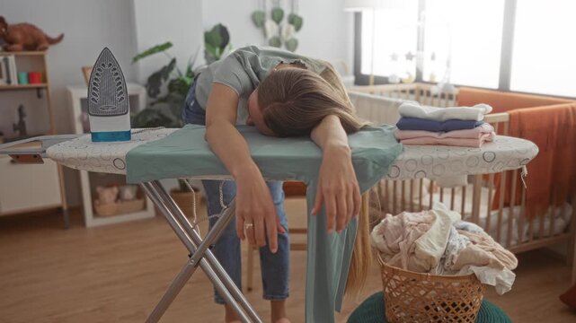 Woman resting head on ironing board with hands dangling inside a building laundry area; fatigue domestic routine.