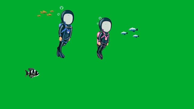 2d animation Divers swimming deep under ocean water alongside small fishes animation on green screen. Two scuba aquanaut characters in full gear diving horizontally near coral reef sea weeds