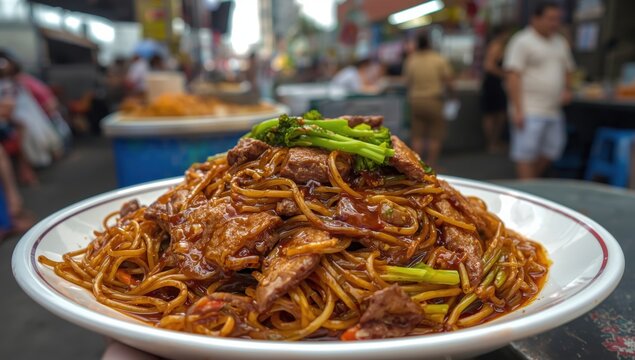 Stir-fried flat rice noodles with beef and Chinese broccoli, flavored with dark soy sauce, commonly found in Thailand's street food.