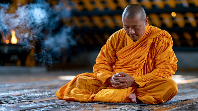 Buddhist monk in saffron robes sits cross-legged on worn wooden floorboards inside a mountain monastery meditation hall, incense smoke curling upward toward latticed ceiling beams, soft ambient ligh