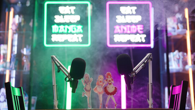 Anime and manga podcast studio with neon signs and microphones ready to shoot