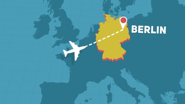 airplane flight to Berlin city in Germany - fly path over continent of Europe, tourism travel journey ideas