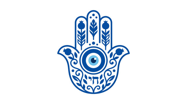 Hamsa Hand Amulet with Evil Eye and Pomegranate Symbols, Blue and White