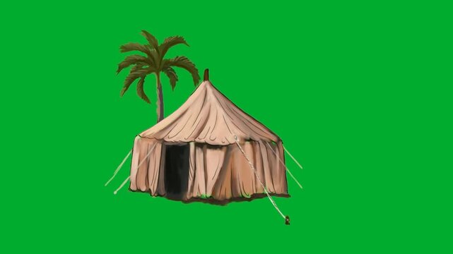 2d animation Desert tent camp shelter standing next to tropical palm trees animation on green screen. Traditional nomadic canvas house pavilion home structure for ancient middle eastern journey