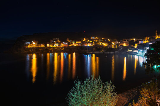 Amasra Harbor and Coastal Town at Night with Beautiful Colorful Water Reflections, Bartin, Turkey
