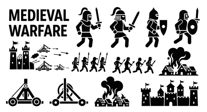 Medieval Warfare and Siege Weapons with Soldiers and Castles.