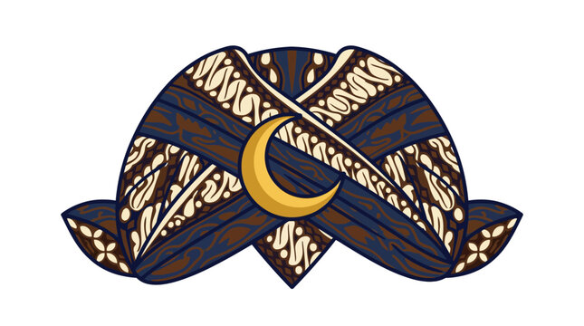 Javanese Batik Blangkon Headwear with Crescent Moon Symbol - Traditional Indonesian Culture