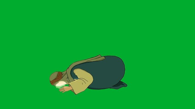 2d animation Man prostrating prayer gesture on his knees looking down faithfully animation on green screen. Muslim cartoon character performing traditional islamic sujood worship devotion animation