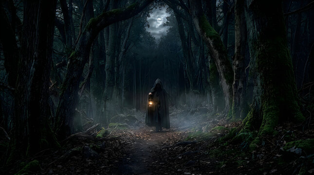 Person with a lantern walking in a dark mysterious forest