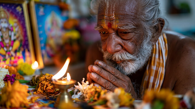 Elderly Hindu widower lights a single oil lamp at a small home shrine at dawn, pressing his palms together before framed images of deities surrounded by wilting marigold offerings from previous days