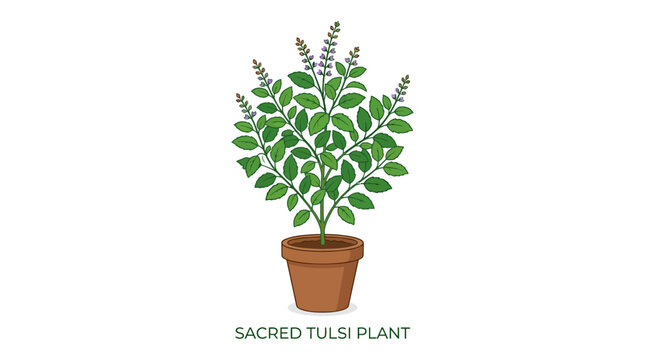 Sacred Tulsi Plant in Pot - Holy Basil Illustration