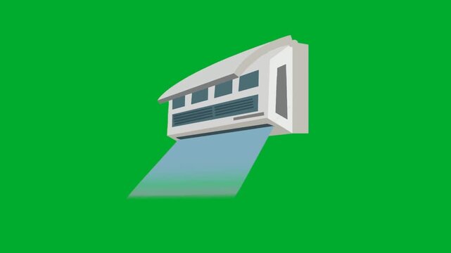 2d animation Air conditioner angle perspective view blowing cool fresh blue wind flow light stream animation on green screen. Split AC ventilation electronic appliance climate control concept vector