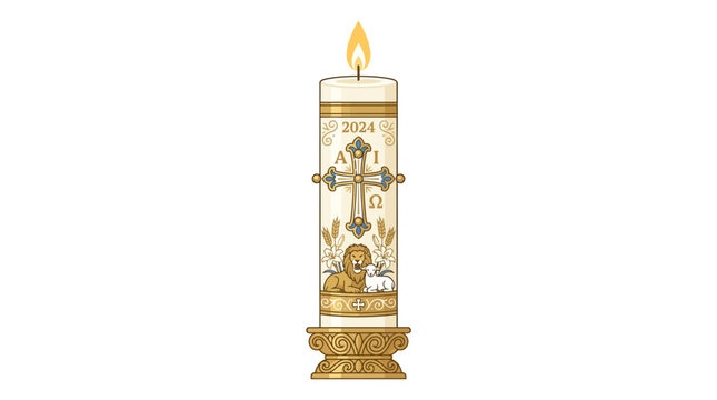 Ornate Paschal Candle with Christian Symbols and Year 2024