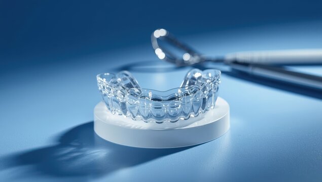 Personalized clear dental night guard for sleep, bruxism, and orthodontic protection, modeled on teeth, with a blue backdrop.