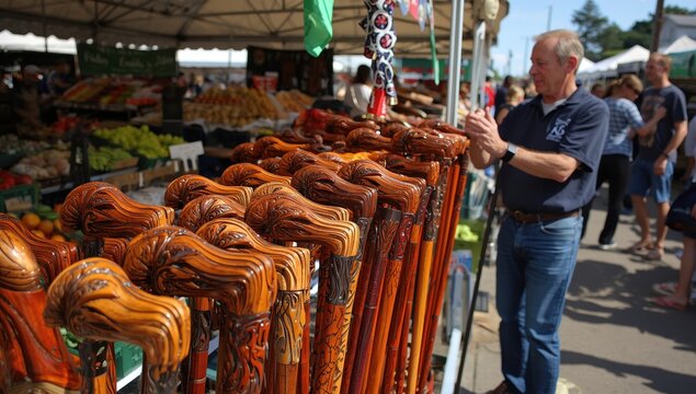 ornate wooden canes at the nearby market
