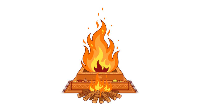 Havan Kund with Holy Fire and Offerings, Swastik Symbol, Indian Ritual