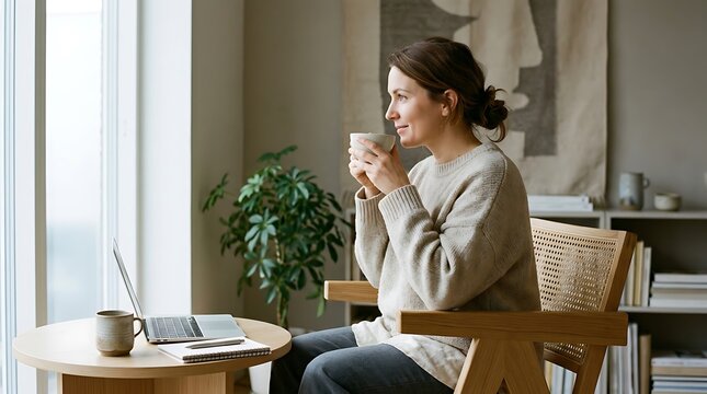 Cozy woman enjoying a warm drink while looking out window with laptop on table