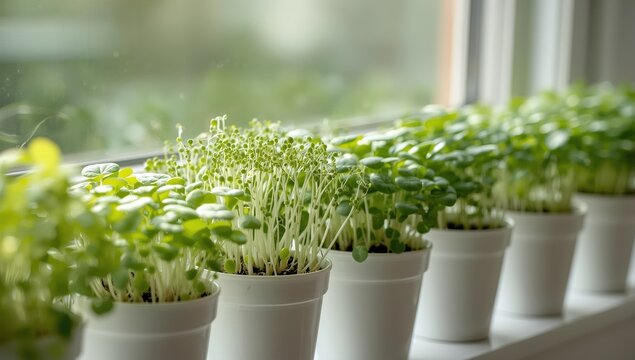 White pots with young pea, sorrel, and amaranth sprouts. Homegrown microgreens. Image with empty space.
