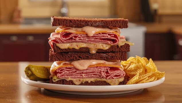 Traditional reuben with corned beef, swiss, sauerkraut, and thousand island on pumpernickel, accompanied by a dill pickle and potato chips, upright.