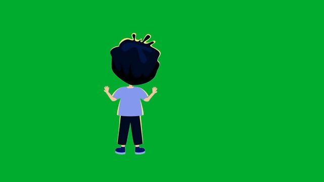 2d animation Boy back view standing alone in full body perspective layout frame animation on green screen. Young child cartoon character wearing purple tshirt and dark trousers looking forward